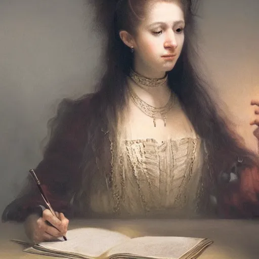 Prompt: masterpiece flemish candlelight portrait of a young woman writing with feather, by rembrandt and luis royo, artstation, deviant art, cinematic lights, 8 k