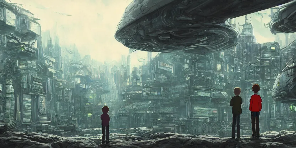 Image similar to highly detailed cell - shaded cartoon landscape with two boys looking at a miniature alien creature 1 9 7 0 s science fiction, cyberpunk, moody, misty, depth perception, 4 k, artstation, in the style of studio ghibli