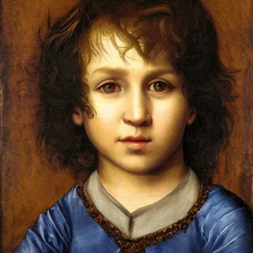 Image similar to small caucasian boy with a curly mullet and brown eyes, renaissance portrait, vinatge painting royal painting