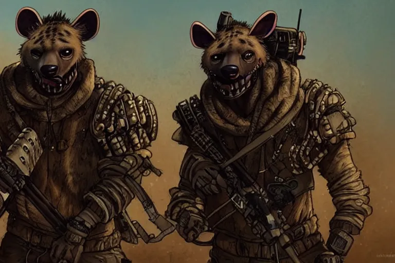 Image similar to a good ol'hyena fursona ( from the furry fandom ), heavily armed and armored facing down armageddon in a dark and gritty version from the makers of mad max : fury road. witness me.