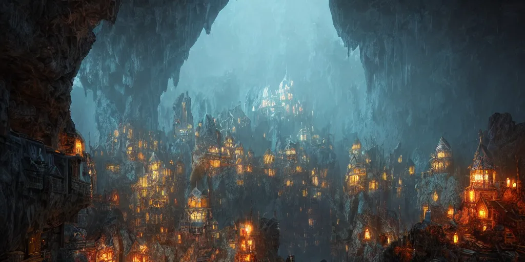 Image similar to A shining dwarven city in a dark, rainy and gloomy cavern, fantasy digital art, octane render, beautiful composition, trending on artstation, award-winning photograph, masterpiece