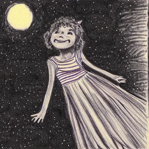 Prompt: a children illustration of a kid dreaming, ballpoint sketch, vintage, 7 0 s, dreaming about the night