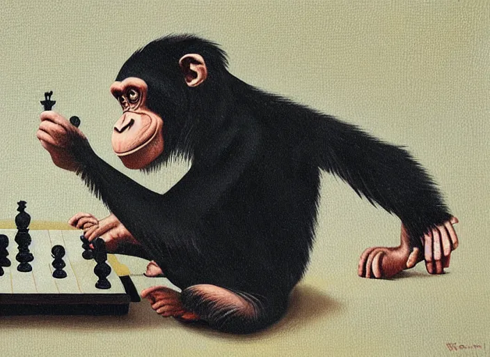 Prompt: a painting of a chimp playing chess in the style of donald roller wilson