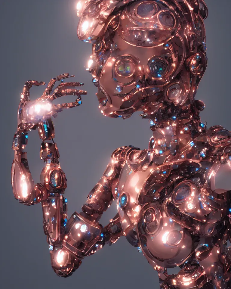 Prompt: Opal cyborg fashion robot, cyber copper spiral decorations, translucent elegant modern design, headshot half figure, photorealistic, 8k, hyper detailed, unreal engine, trending on artstation