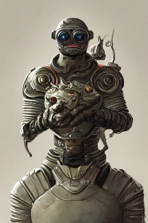 Image similar to Portrait of pepe with a spoon wearing futuristic power armor, fantasy, intricate, highly detailed, digital painting, trending on artstation, sharp focus, illustration, style of Stanley Artgerm and Greg Rutkowski and Dan Mumford