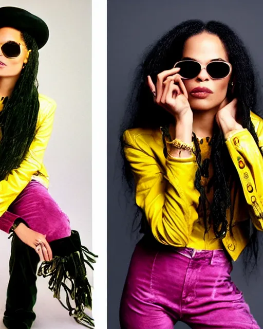 Prompt: photos of young lisa bonet wearing a yellow leather jacket, green corduroy pants, a red silk blouse, and purple velvet top hat on her head. she is wearing mirrored sunglasses, photoshoot in the style of annie leibovitz, photorealistic, soft focus, bokeh, 5 0 mm