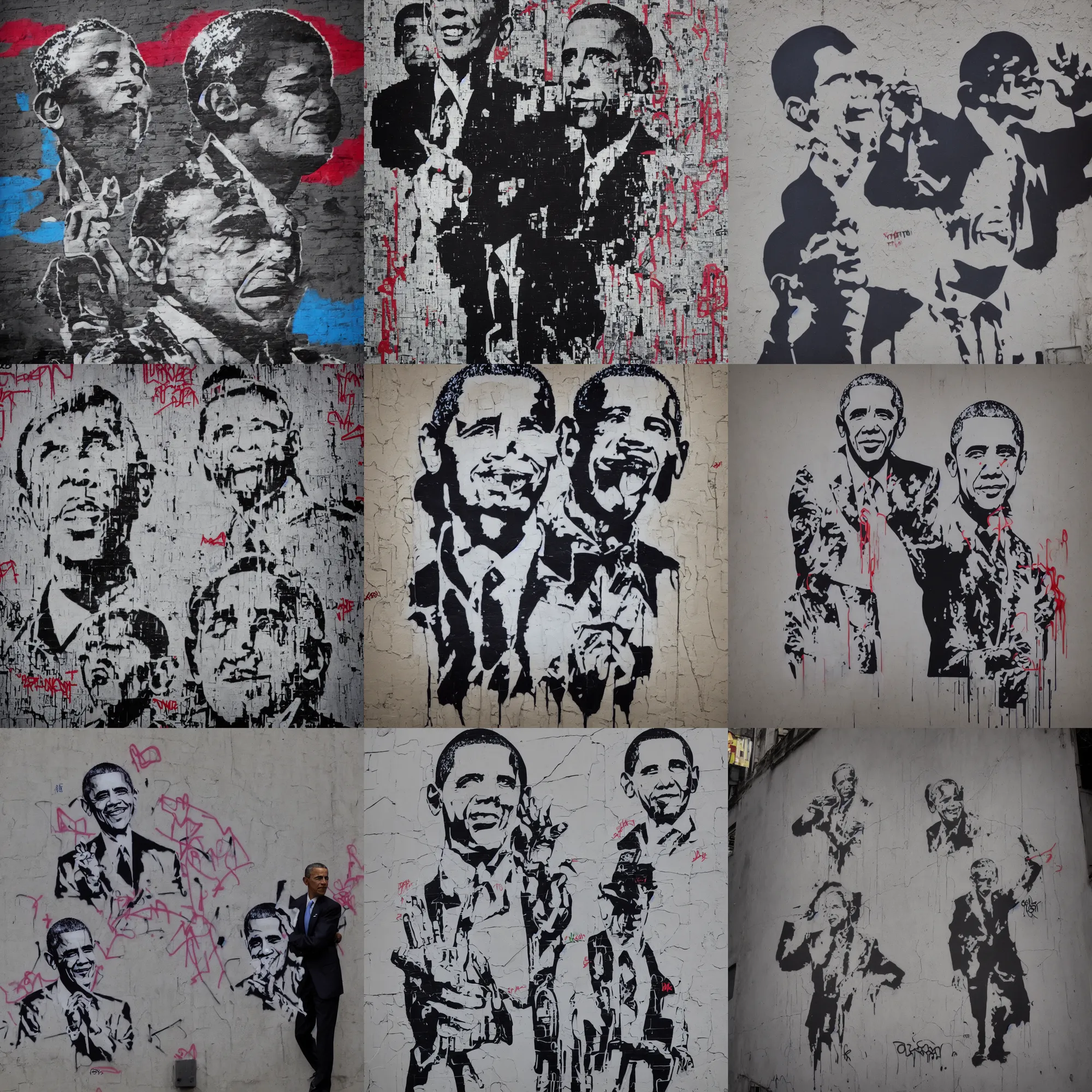 Prompt: futuresynth urban grafitti of barack obama by Banksy, trending on artstation