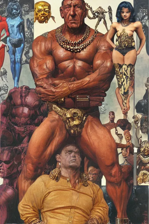 Image similar to upper body and head portrait of huge dorian yates as marvel character wearing pants and shirt and boots and gold jewellery round his neck by alex ross and lawrence alma tadema and zdzislaw beksinski and norman rockwell and jack kirby and tom lovell and greg staples