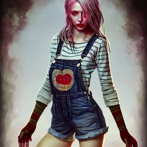 Image similar to full body pose, grungy alice, torn overalls, short shorts, combat boots, fishnets, beautiful, highly detailed face, true anatomy!, extremely detailed!, digital painting, unreal engine 5, art by tom bagshaw