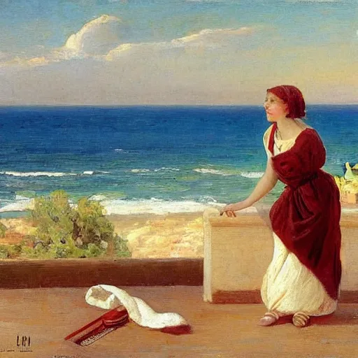 Prompt: phoenician young girl brushing herhair while looking at mediterranean sea by emile vernet - lecomte, orientalist painting style