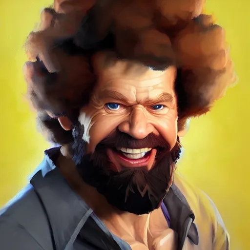 Image similar to Greg Manchess portrait painting of Bob Ross as Overwatch character, wacky, medium shot, asymmetrical, profile picture, Organic Painting, sunny day, Matte Painting, bold shapes, hard edges, street art, trending on artstation, by Huang Guangjian and Gil Elvgren and Sachin Teng