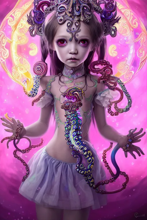 Image similar to A full body shot of a cute young magical girl wearing an ornate dress made of opals and tentacles. Chibi Monster GIrl. Subsurface Scattering. Dynamic Pose. Translucent Skin. Rainbow palette. defined facial features, symmetrical facial features. Opalescent surface. Soft Lighting. beautiful lighting. By Giger and Ruan Jia and Artgerm and WLOP and William-Adolphe Bouguereau and Loish and Lisa Frank. Fantasy Illustration. Sailor Moon. Masterpiece. trending on artstation, featured on pixiv, award winning, cinematic composition, dramatic pose, sharp, details, Hyper-detailed, HD, HDR, 4K, 8K.