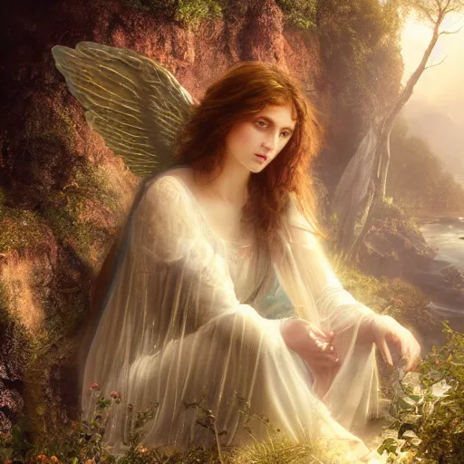 Image similar to a cinematic portrait of a romantic pre - raphaelite fairy angel with wings, sitting in a mystical waterfall cave, golden sunrays, matte painting, highly detailed, 8 k