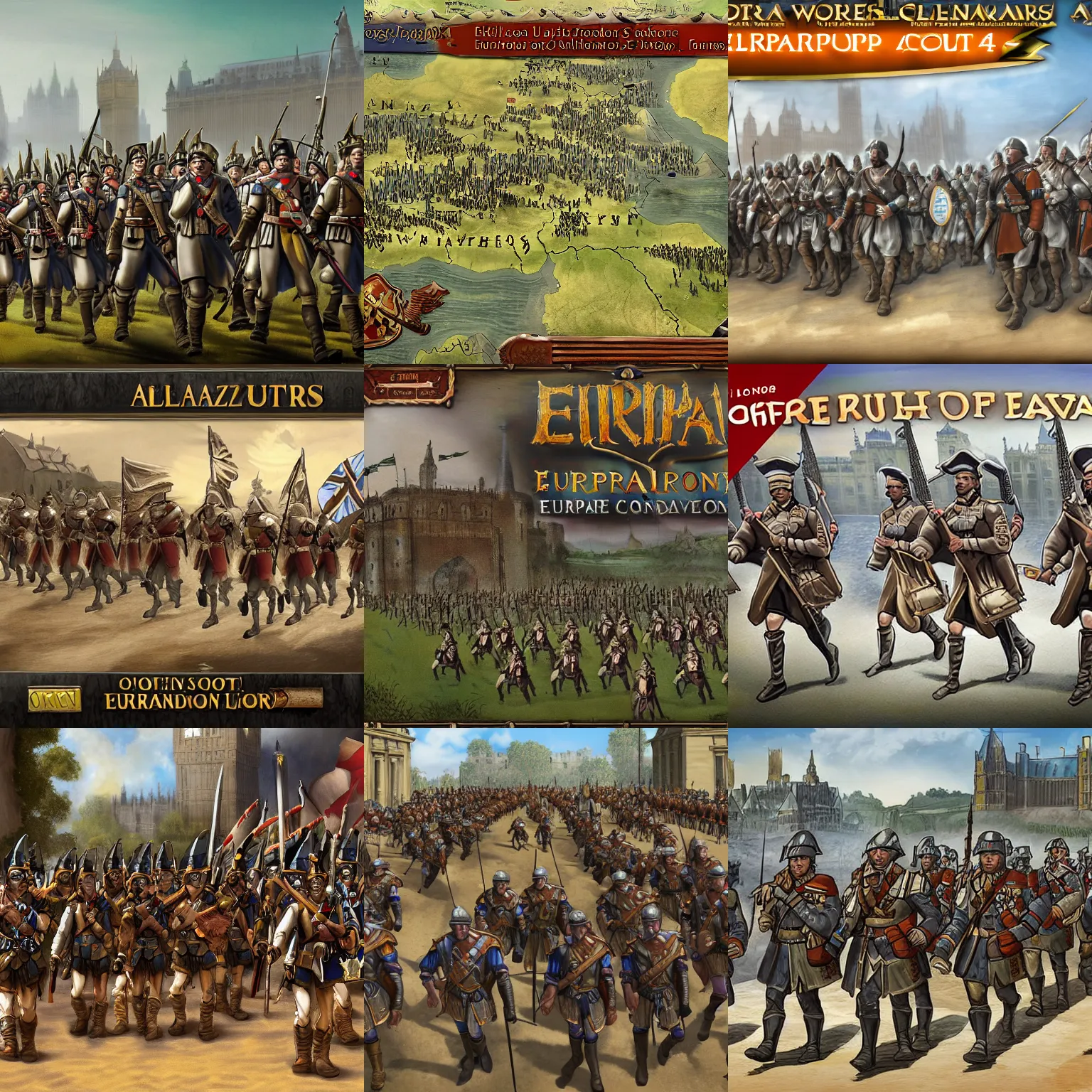 Prompt: Amazon soldiers march into London, alternate history, loading screen art for the game 'Europa Universalis 4'