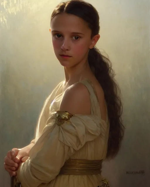 Image similar to a portrait painting of a shy, blushing 1 6 - year old alicia vikander or millie bobby brown, backlit, wearing a greek dress, elegant, highly detailed, artstation, concept art, by krenz cushart and donato giancola and william adolph bouguereau and alphonse mucha