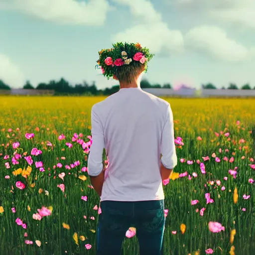 Image similar to revolog kolor photograph of a skinny blonde guy standing in a field of flowers, flower crown, back view, grain, moody lighting, telephoto, 9 0 s vibe, blurry background, vaporwave colors!, faded!,