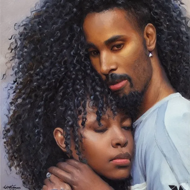 Image similar to a beautiful black woman, kissing the cheek of a somali man with long curly hair, wearing adidas clothes, portrait, elegant, intricate, digital painting, artstation, concept art, smooth, sharp focus, illustration, art by konstantin korovin and daniel f. gerhartz and john howe