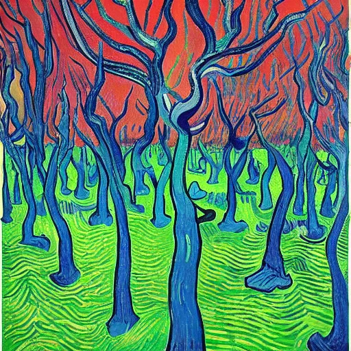 Image similar to fluo trees with eyes and body parts by van gogh