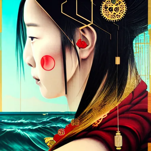 Image similar to portrait and side profile of a chinese woman :: side profile :: in ocean :: clockwork details :: gold :: blood and horror :: by vikings and Sandra Chevrier