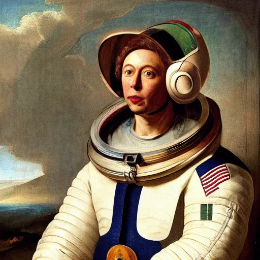 Prompt: portrait of Elon musk as an astronaut holding a cross and wearing a helmet by George Stubbs, renaissance painting, oild painting, old master