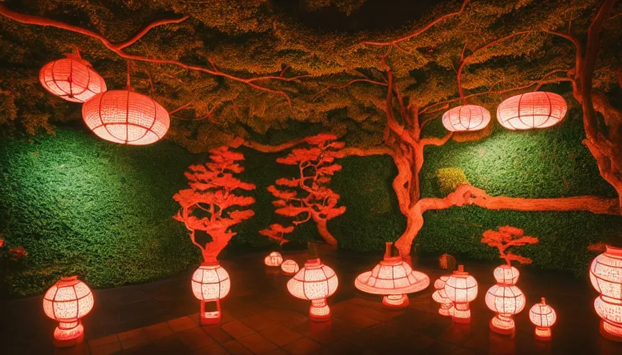 Prompt: Dreamy photo of a very cozy surreal magical Japanese temple, lush plants, in the style of Gucci, photographed by Petra Collins and Wes Anderson, glowing lights, magic details, very detailed, 8k, cinematic look,, very detailed