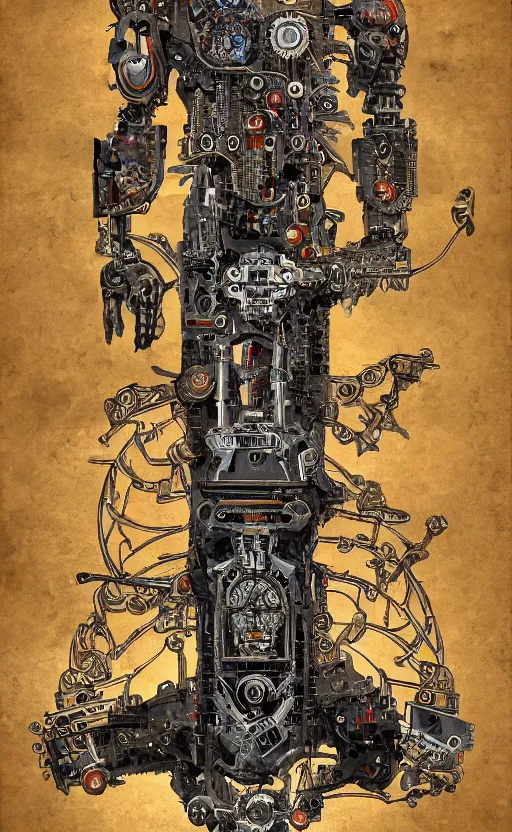 Prompt: anatomy of the terminator, robot, cyborg, t 1 0 0, steampunk, bloodborne diagrams, mystical, intricate ornamental tower floral flourishes, rule of thirds, technology meets fantasy, map, infographic, concept art, art station, style of wes anderson