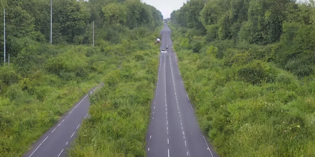 Prompt: dutch highway overgrown with plants, sand everywhere