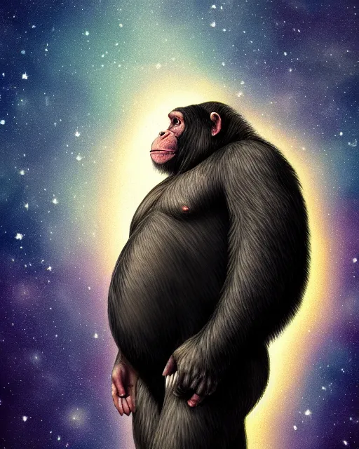 Image similar to very detailed high resolution illustration of a fat chimpanzee, backlit, stars, night, surrounded, 3 d, 8 k, extremely detailed, artstation, award winning