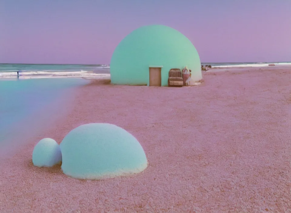 Image similar to a pastel coloured vintage family holiday photo of an empty beach from an alien dreamstate world with chalky pink iridescent!! sand, reflective lavender ocean water, dim bioluminescent plant life and an igloo shaped shiny plastic festival stage and transparent sound system!! glare. refraction, volumetric light.