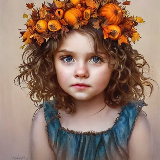 Prompt: a cute little girl with light brown wavy curly hair and blue eyes sitting amidst piles of pumpkins. beautiful cute highly detailed face. she is wearing an autumn leaf and flower crown. autumn and fall and halloween themed painting by artgerm and greg rutkowski and alphonse mucha.