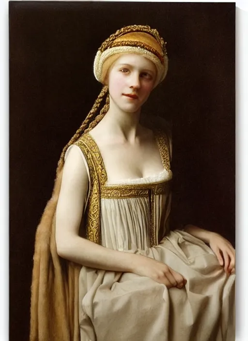 Image similar to portrait of young woman in renaissance dress and renaissance headdress, art by david hamilton