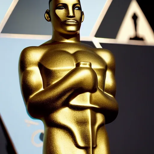 Image similar to Will Smith on the Oscars Stage holding an Academy Awards Trophy replaced with a Golden mini Moai, full body, 8k, hyperrealism, award winning photograph