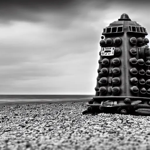 Prompt: Daleks storming Normandy beach, cinematic, dynamic lighting, High contrast, depth of field