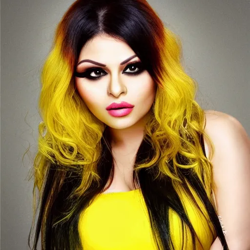 Prompt: portait of haifa wehbe, yellow hair, hd, centred