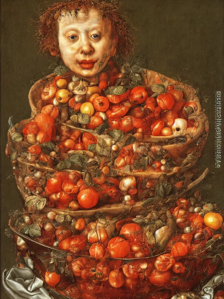 Image similar to a boy sitting in a tub full of tomato sauce, by giuseppe arcimboldo, renaissance, portrait, fruit, detailed oil paint, high definition