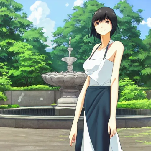 Image similar to a full body portrait of a young woman wearing a white apron standing in front of a fountain in a park, makoto shinkai, very detailed, by William-Adolphe