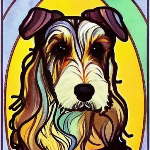 Prompt: cute, pop art style blonde bernedoodle, watercolor painting, by alphonse mucha and william morris