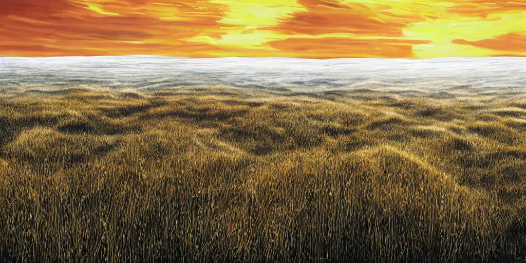 Prompt: empty grass land for miles in every direction s small walks in the distance on the horizon swirling storm clouds in the distant sky at beautiful sunset giant ice mountains can be seen in the far background, rule of thirds, hyper detailed, digital art, thick swirling brush strokes, insane complexity, trending on artstation, red and yellow, epic, beautiful