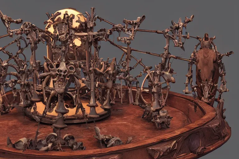 Image similar to 3d sculpt of an evil ironwork carousel made of bones and skulls, artstaton, League of Legends, red dead redemption2, overwatch, digital illustration