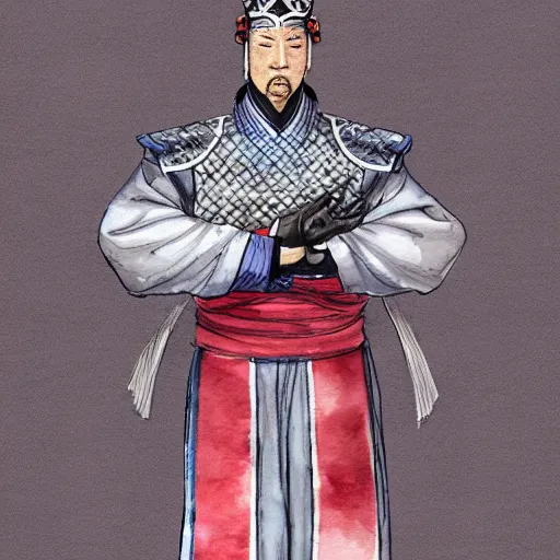 Image similar to a perfect, realistic professional digital sketch of Ming dynasty Chinese general in style of Marvel, full length, by pen and watercolor, by a professional French artist on ArtStation, on high-quality paper