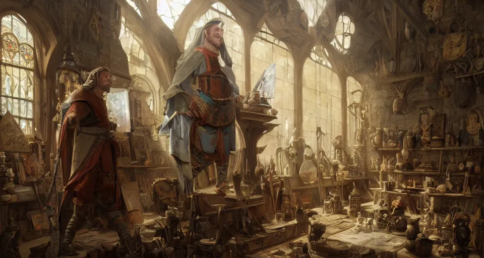 Prompt: dennis hopper as a medieval nobleman, standing on the side of a big medieval shop with boards full of pottery, books, flasks, glas, trinkets, and other stuff, huge shelves with stuff, dust suspended in a sunbeam from a tall medieval window, trending on artstation, artwork in style of peter mohrbacher, unreal engine, octane render, intricate details, 8k high definition, beauriful, ornate, hyperrealistic