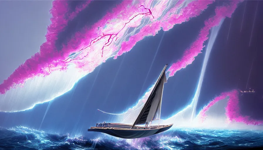 Prompt: cyberpunk sailboat sailing in a sakura multiversal tornado appears out of nowhere in waimea canyon, tornado is a gateway to thermal waters flowing down white travertine terraces on building tao zhu yin yuan, otherworldly visuals, visually stunning, divine, scifi, by james jean, ruan jia, ilya kuvshinov, martine johanna, peter mohrbacher