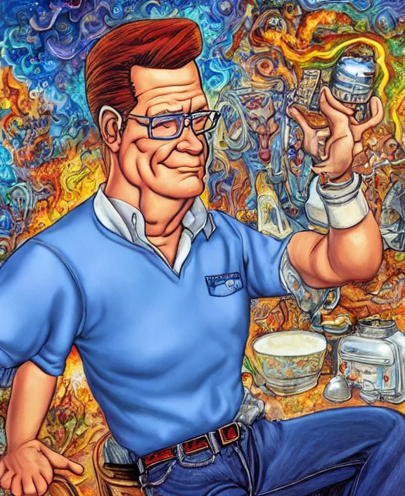 Image similar to normal hank hill wearing bluejeans and white tshirt, the god of propane, blue flames, propane tanks, magic realism, art by josephine wall, art by mike judge, art by huang guangjian, art by viktoria gavrilenko, art by amanda sage, trending on artstation