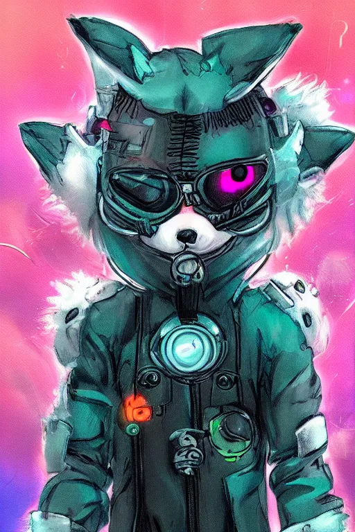 Image similar to a cute cyberpunk anthropomorphic fox with a fluffy tail, comic art, trending on furaffinity, cartoon, kawaii, backlighting, furry art!!!, neon, concept art