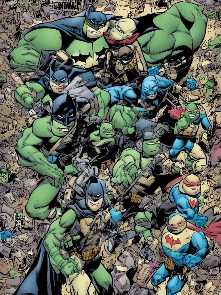 Image similar to Batman and teenage mutant Ninja turtles crossover comicbook first issue