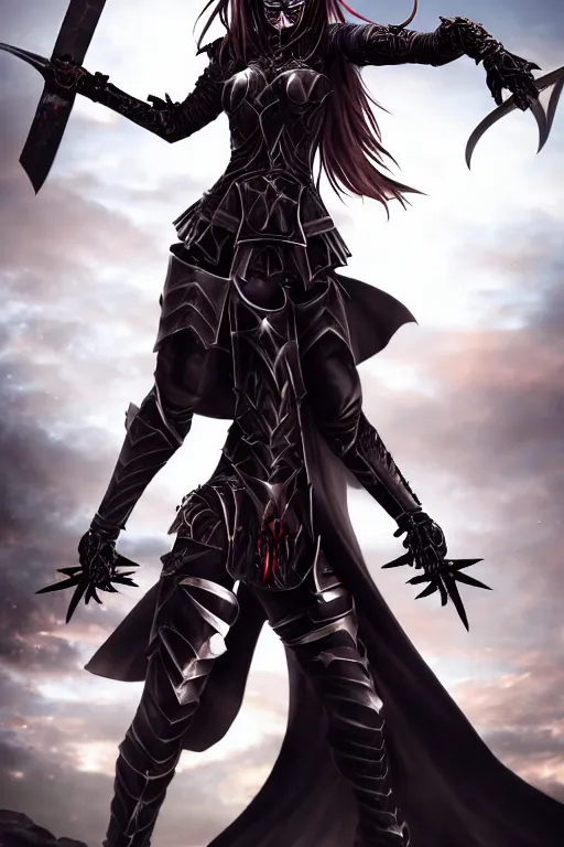 Prompt: full portrait, female vampire knight in black heavy armor, well - protected, metal mask, feet, tall gladiator sandals, barefoot, giant two - handed sword covered in blood, enchanting, mysterious, elegant, smiling, bloodied sharp teeth, good lighting, realistic proportions, reasonable fantasy