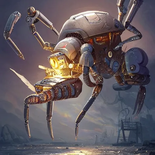 Image similar to a gray unicorn alien is changing batteries to a robotic crab, with african decoration and a spongebob puppet, highly detailed, concept art, art by wlop and artgerm and greg rutkowski, masterpiece, trending on artstation, 8 k