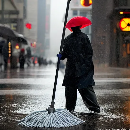 Prompt: closeup portrait of a cleaner with a mop fighting apuddles in rainy new york street, by Steve McCurry and David Lazar, natural light, detailed face, CANON Eos C300, ƒ1.8, 35mm, 8K, medium-format print