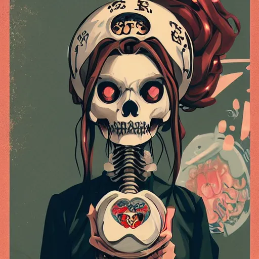 Prompt: anime manga skull portrait young woman skeleton, cuphead, painterly, logo, graffiti, elegant, highly detailed, digital art, art by jc leyendecker and sachin teng