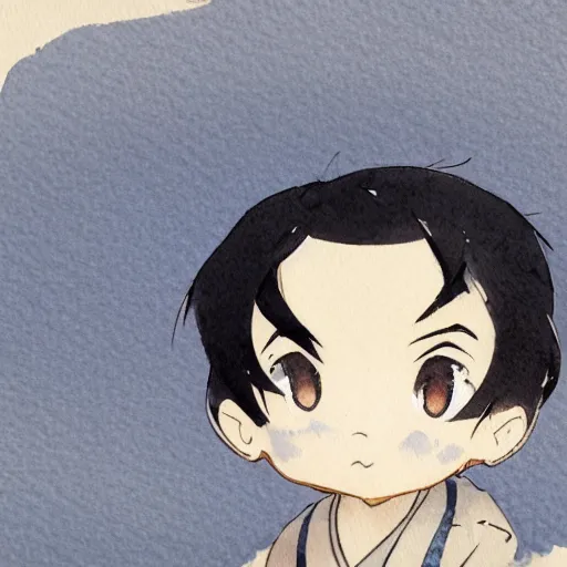 Prompt: beautiful water color concept art of face detailing cute nendoroid boy in the style of hokusai , toon rendering, close-up, no shade, modern art, kyoto animation